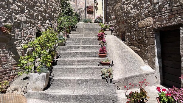 Una estrecha escalera de piedra flanqueada por muros de piedra, que conduce a la entrada de un edificio.
