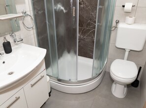 A modern bathroom with a glass shower enclosure, a white toilet, and a sink with a soap dispenser. - Villa Roški Slap (Drnis)
