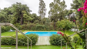 A swimming pool surrounded by lush greenery and trees.
