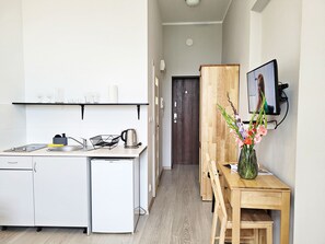 Standard Studio Suite, 1 Double Bed, City View | Private kitchen | Fridge, stovetop, cookware/dishes/utensils - DReAM Main Station (Kraków)
