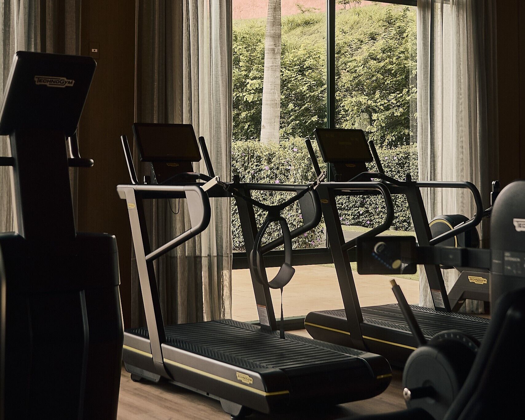 A gym with treadmills and exercise equipment, large windows with a view of greenery.