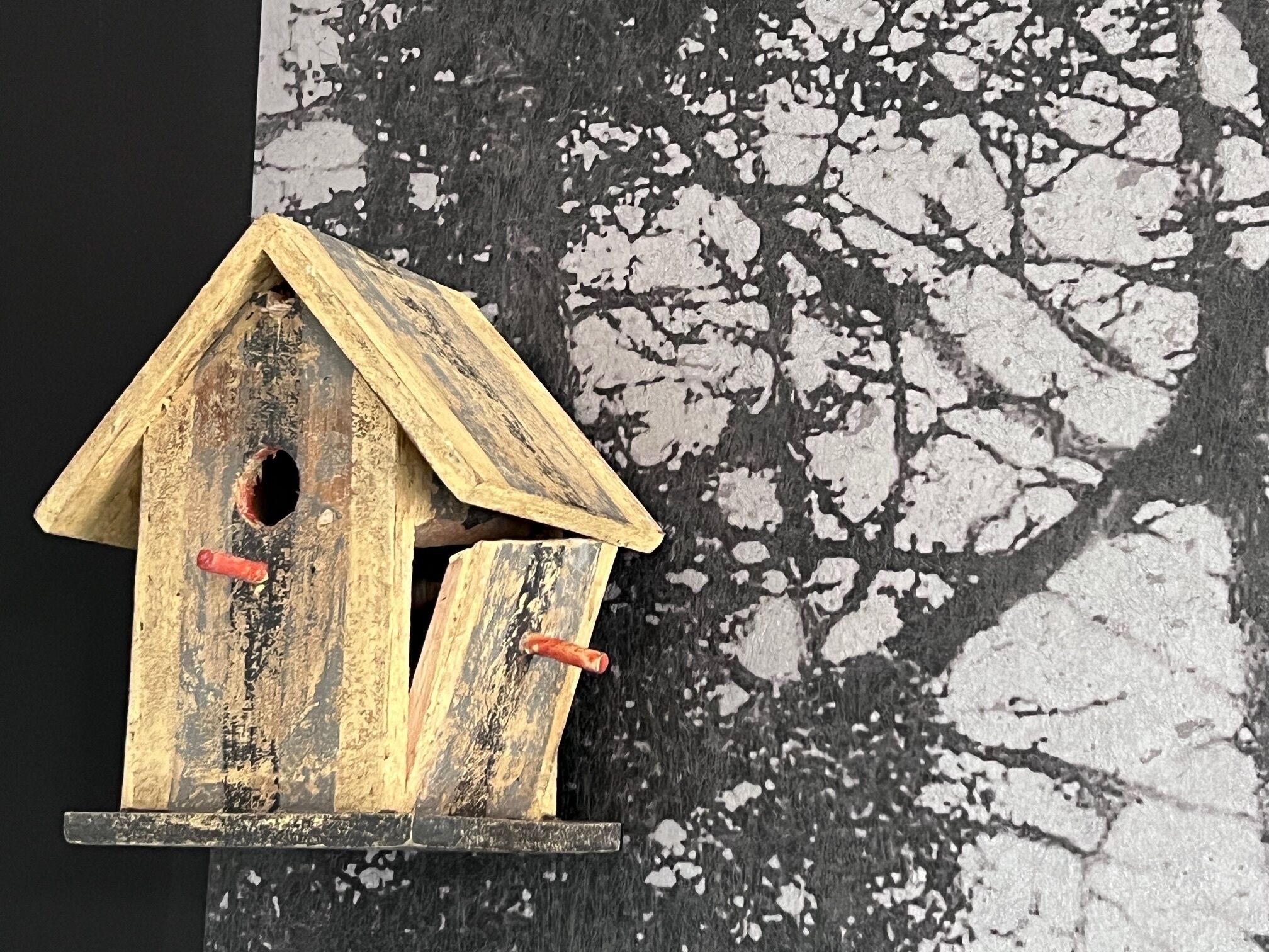 Ein Vogelhaus aus Holz mit einem Loch und zwei roten Anhängern, vor einer strukturierten Wand platziert.