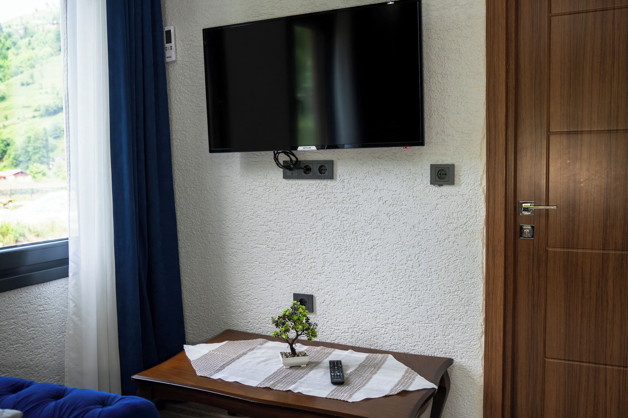 A room with a television mounted on the wall, a small table with a bonsai tree, a remote control, and a wooden door.