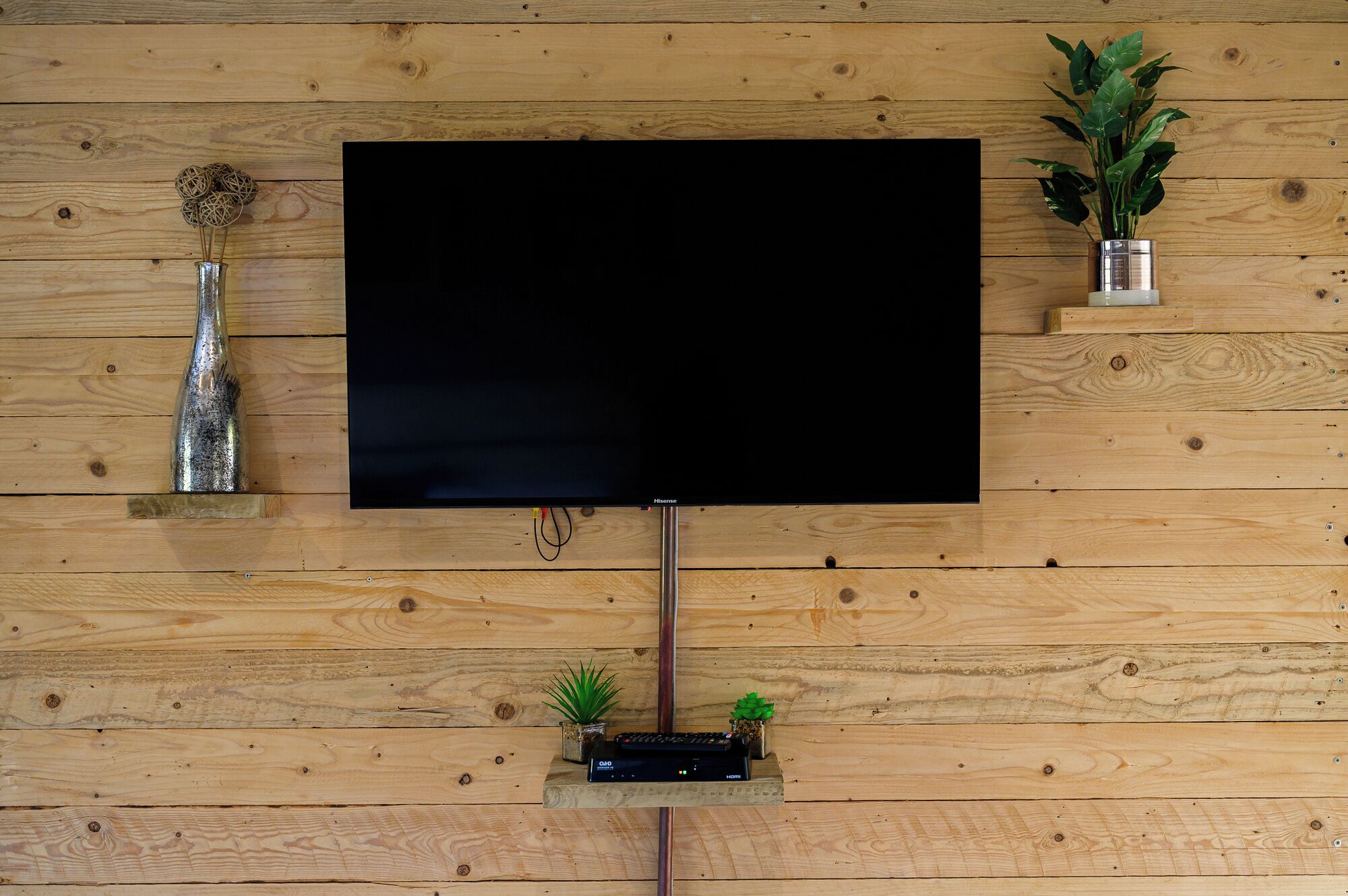 A flat-screen TV mounted on a wooden wall with a wooden shelf below holding a small plant, a decorative item, and a media player.