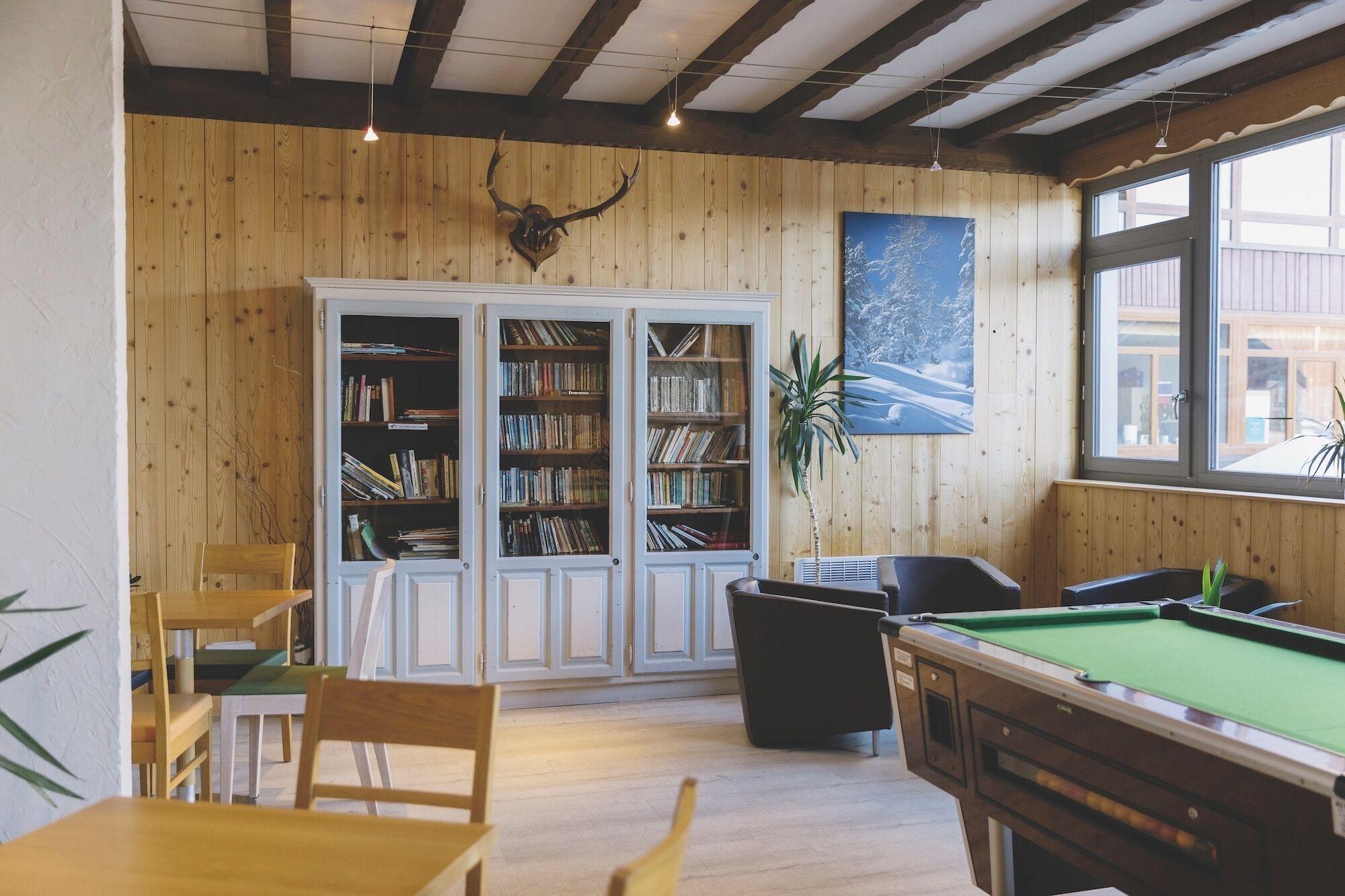 A room with a pool table, bookshelves, a dining area, and a large window.