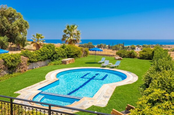 A swimming pool with a unique design, surrounded by a well-maintained lawn and palm trees.