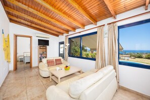 A spacious living area with a wooden ceiling, a sofa, a coffee table, and a view of the ocean.