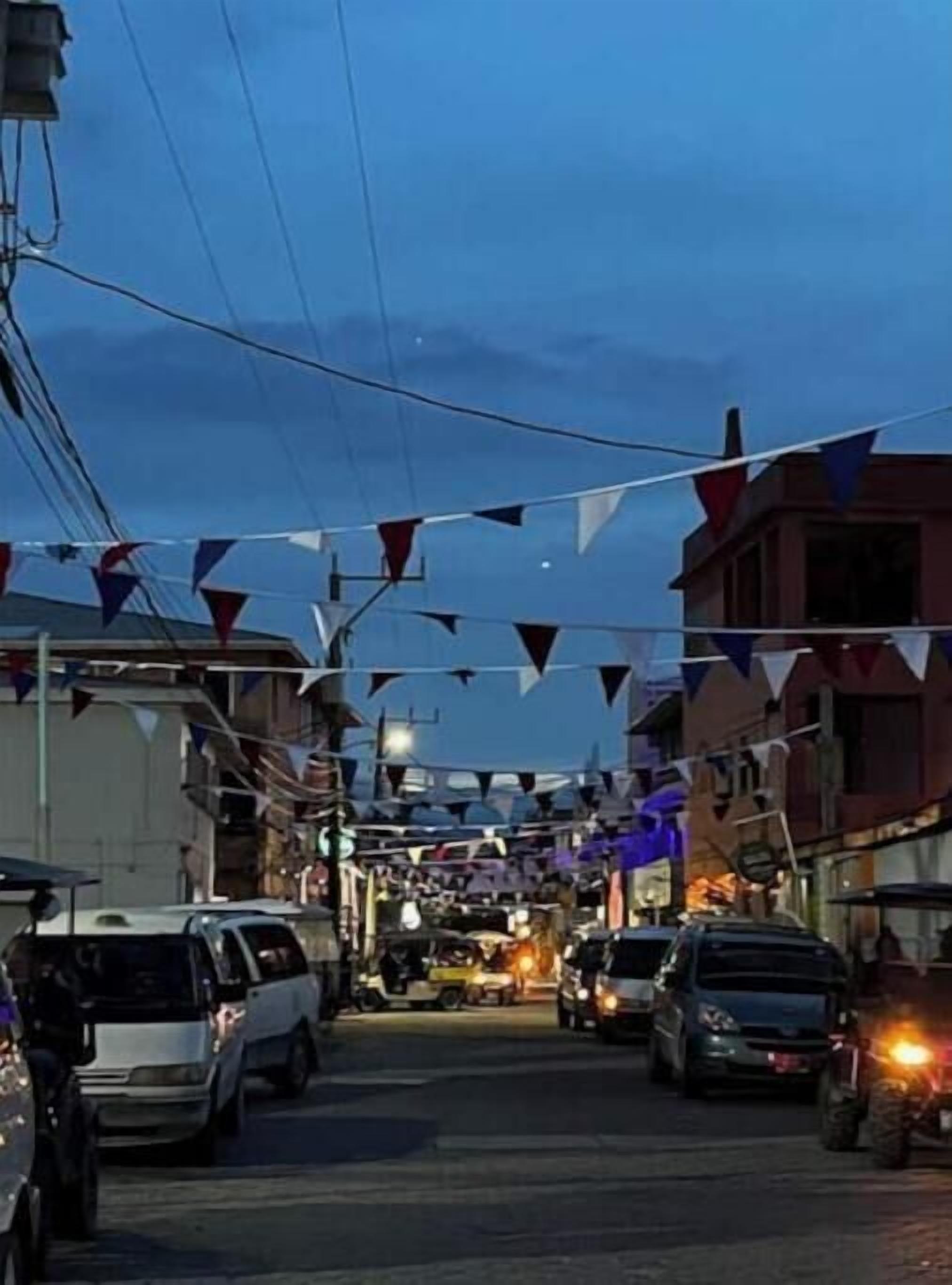 A street lined with parked cars and buildings, decorated with triangular flags.