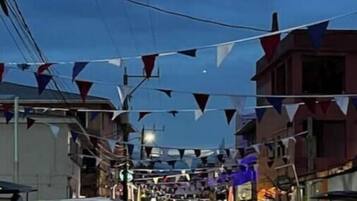 A street lined with parked cars and buildings, decorated with triangular flags.