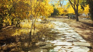 A stone pathway in a park with trees displaying autumn foliage. - Eski Yeni Tatil Evi (Kumluca)