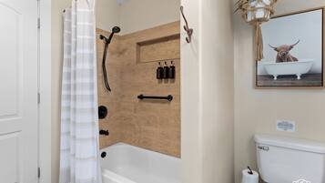 Hair dryer, towels, soap, shampoo