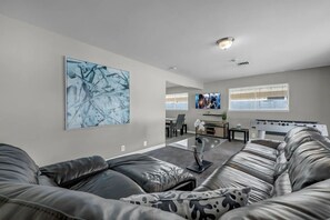 Smart TV, foosball, books, stereo