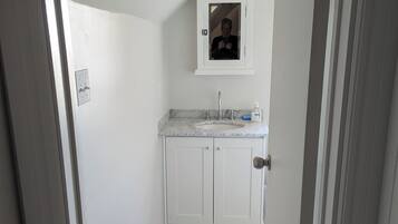 Shower, hair dryer, soap, toilet paper