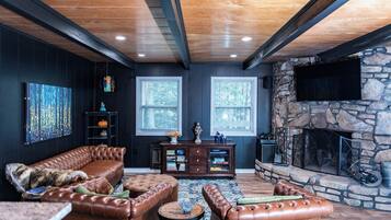 Smart TV, fireplace, books