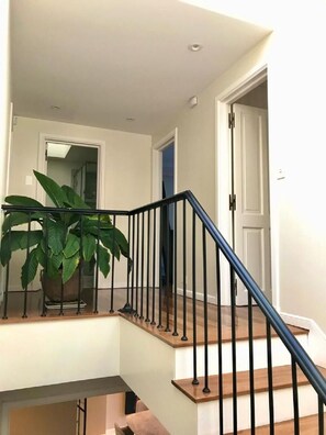 Staircase with a potted plant on the landing, leading to a door.