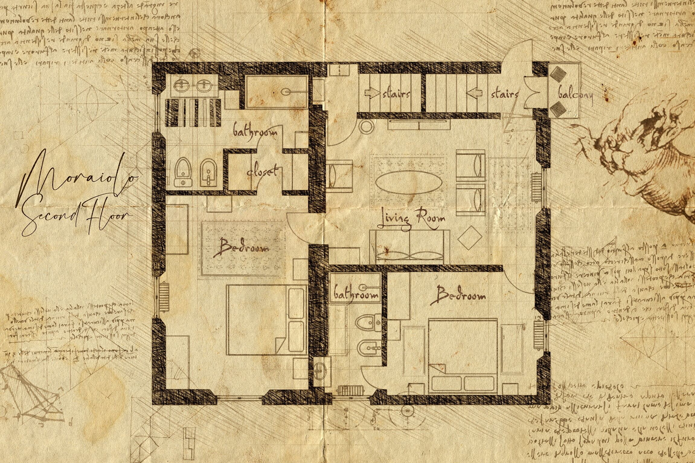 A floor plan of a second-floor layout with labeled rooms including a living room, bedrooms, a bathroom, a closet, and a balcony.