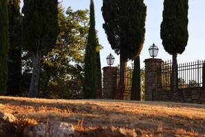A stone gate with a metal fence, a stone lantern, and tall trees in a park setting. - Podere Cavalbianco (Monte San Savino)
