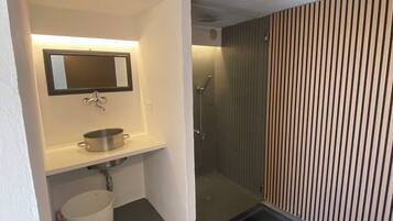 A compact bathroom with a sink, mirror, and shower.
