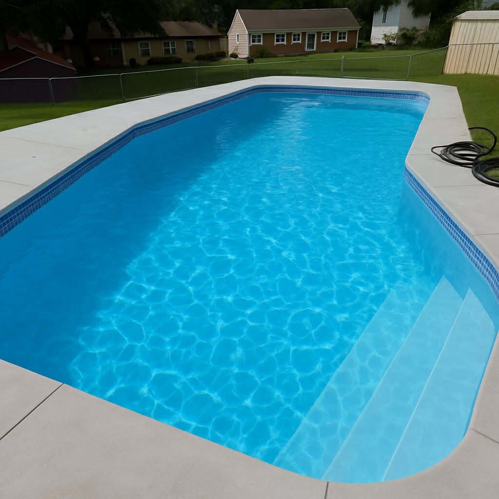 A rectangular swimming pool with clear blue water and a tiled edge.
