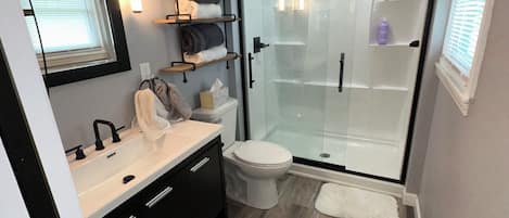 Shower, hair dryer, towels, soap