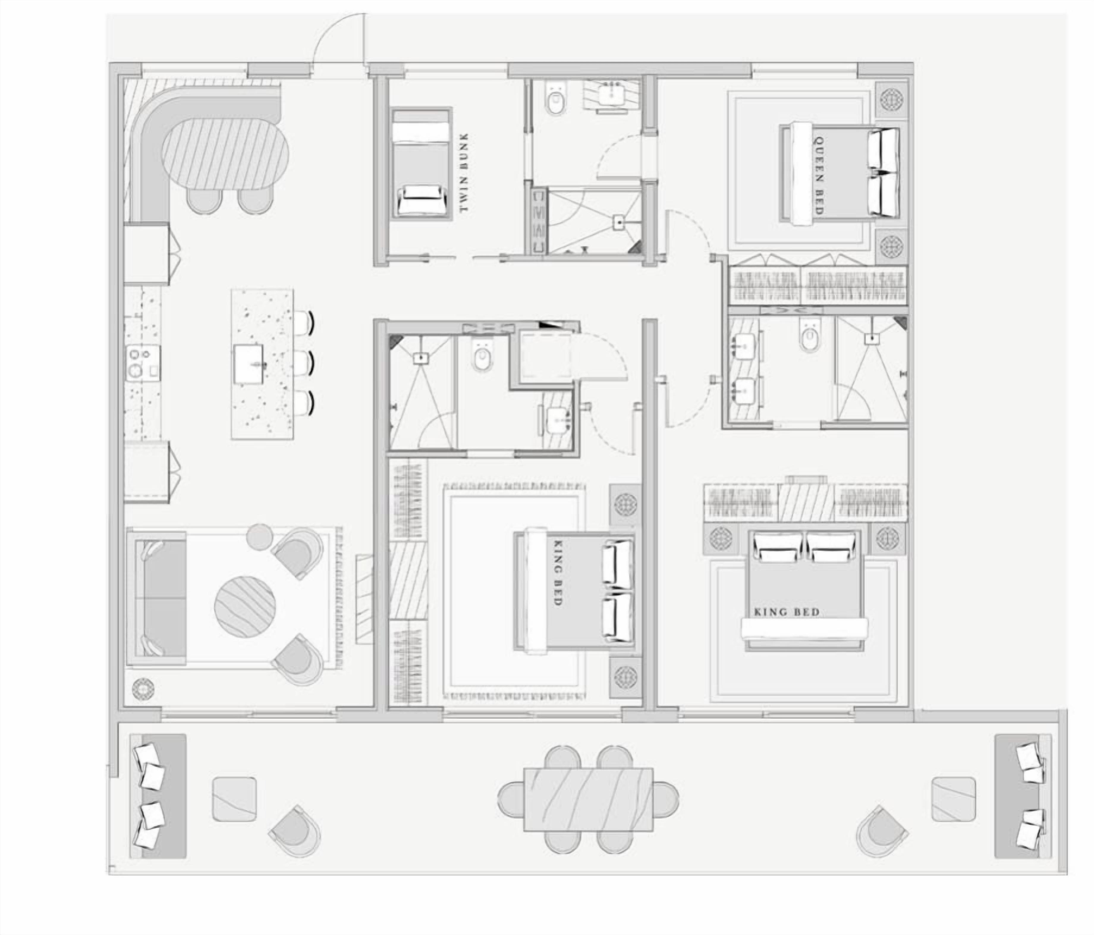A hotel floor plan with a King Bed, Twin Bed, and a dining area.