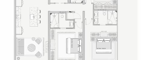 A hotel floor plan with a King Bed, Twin Bed, and a dining area.