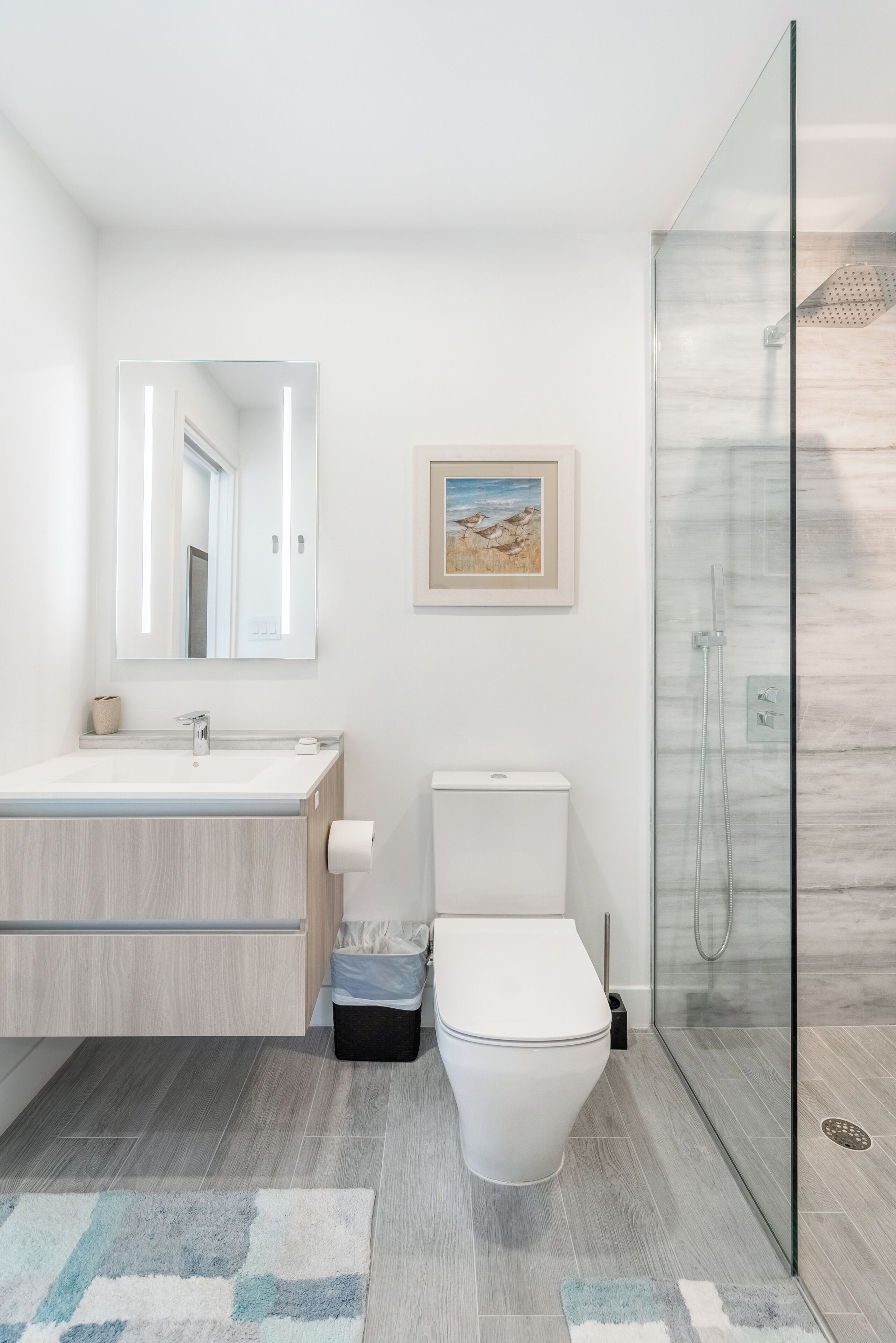 A modern bathroom with a glass shower enclosure, a white toilet, and a wooden vanity with a mirror.