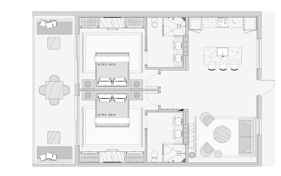 Plano de planta de un hotel con dos camas tamaño king, comedor, cocina y baño.