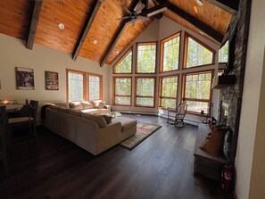 Smart TV, chimenea, reproductor de DVD y libros