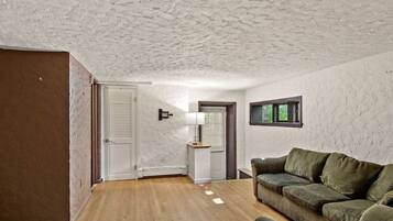 Una habitación con suelo de madera, sofá verde, puerta blanca y techo con textura.
