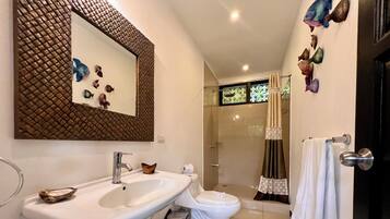 Shower, hair dryer, towels, soap