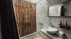 Shower, towels, soap, shampoo