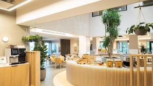 Un área de recepción moderna con mostrador de madera, zona de estar y plantas grandes en macetas.