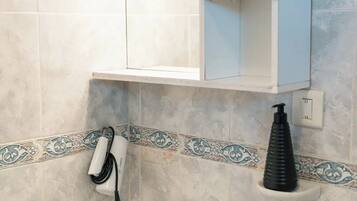 Shower, hair dryer, soap