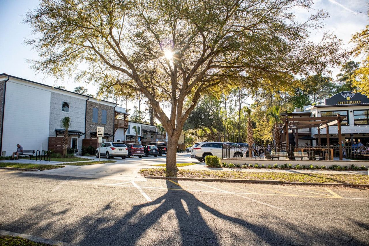 A street view with a tree in the center, buildings on either side, and parked cars.