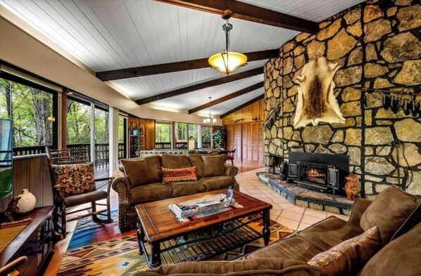 TV, fireplace, foosball