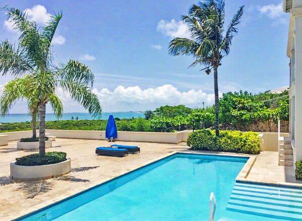 Un espace piscine offrant une vue dégagée sur la mer, avec des palmiers et un parasol bleu.