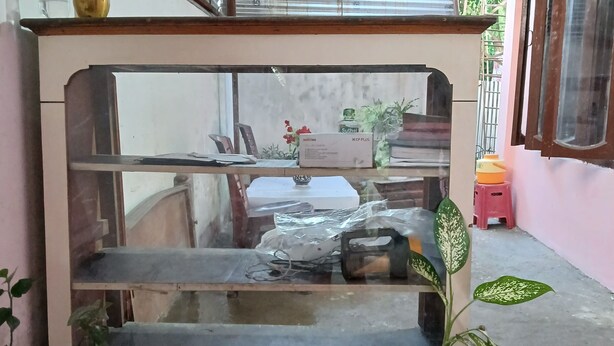 Ein Zimmer mit einem großen Spiegel, einem kleinen Tisch und zwei Blumentöpfen.