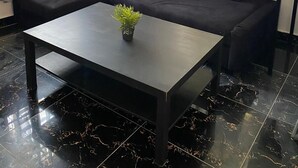 A modern living room with a dark grey sectional sofa, a small coffee table with a plant, and black marble flooring.