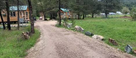 Un sendero de grava conduce a una cabaña de madera con techo verde, rodeada de árboles y un campo de césped.