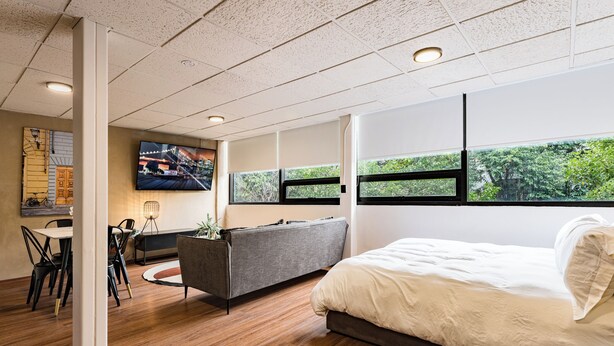 A modern hotel room with a large bed, a sofa, a dining area with chairs, a TV mounted on the wall, and large windows with a view of greenery.