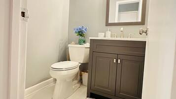 Hair dryer, towels, soap, toilet paper