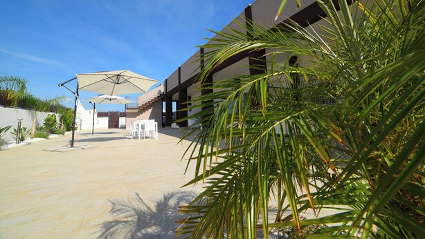 A courtyard with outdoor seating, a palm tree, and a building with a modern design. - B&B LA PERLA NERA (Fasano)