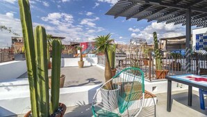 Un jardin sur le toit, agrémenté de cactus, d’un hamac et d’une table placée sous une structure métallique.