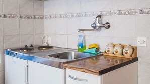 A compact kitchen with a stainless steel sink, a built-in stove, and a wooden countertop. - Apartments Jug - Studio Apartment with Private Garden (Lopar)
