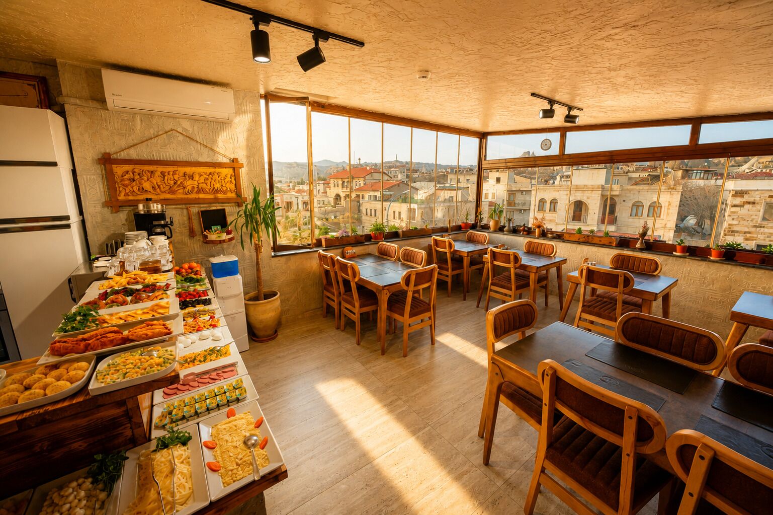 A restaurant with a buffet, wooden tables, chairs, and a view of buildings through large windows.