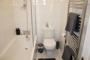 Hair dryer, towels, soap, shampoo
