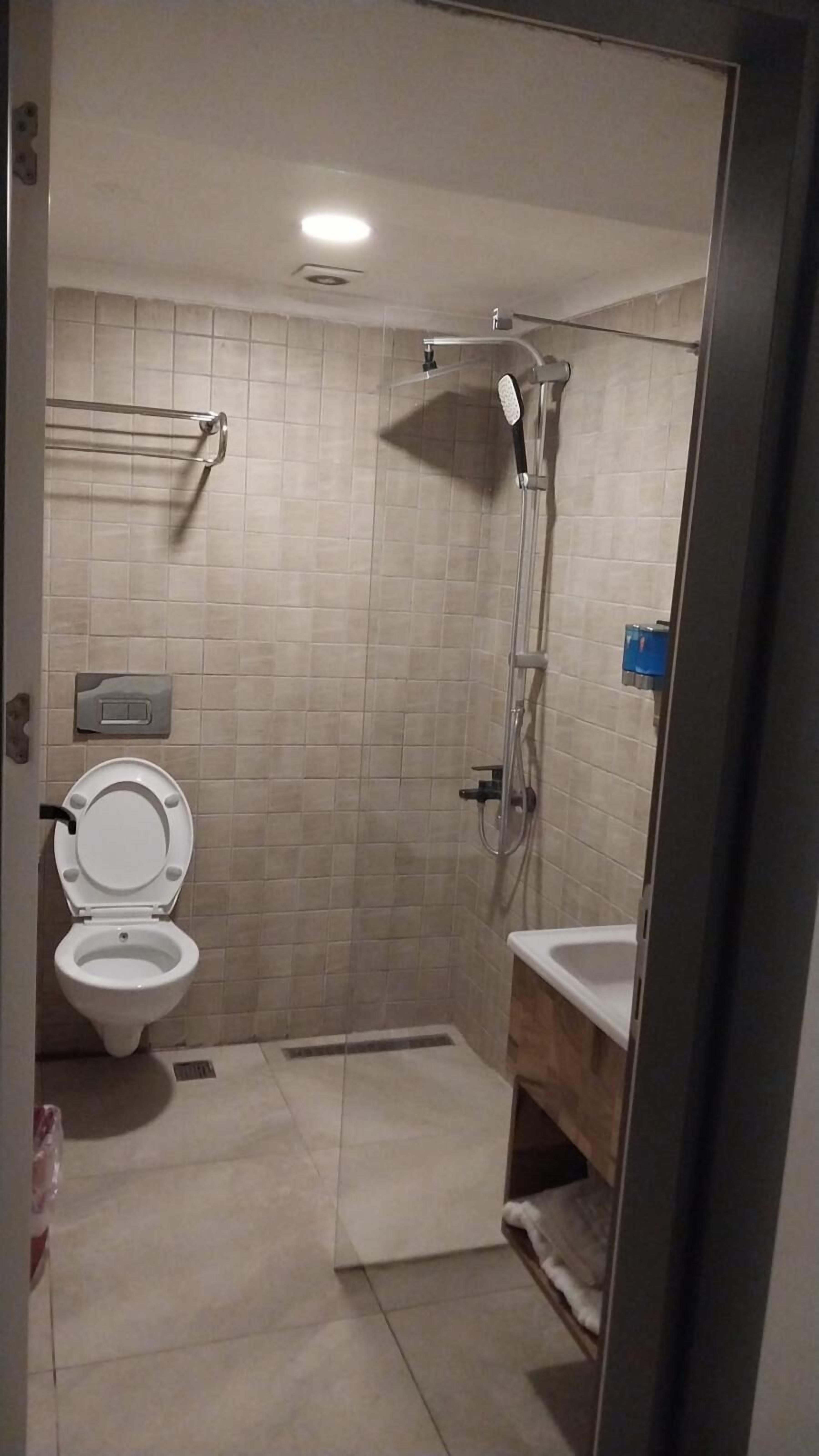 A bathroom with a toilet, a shower, and a sink.