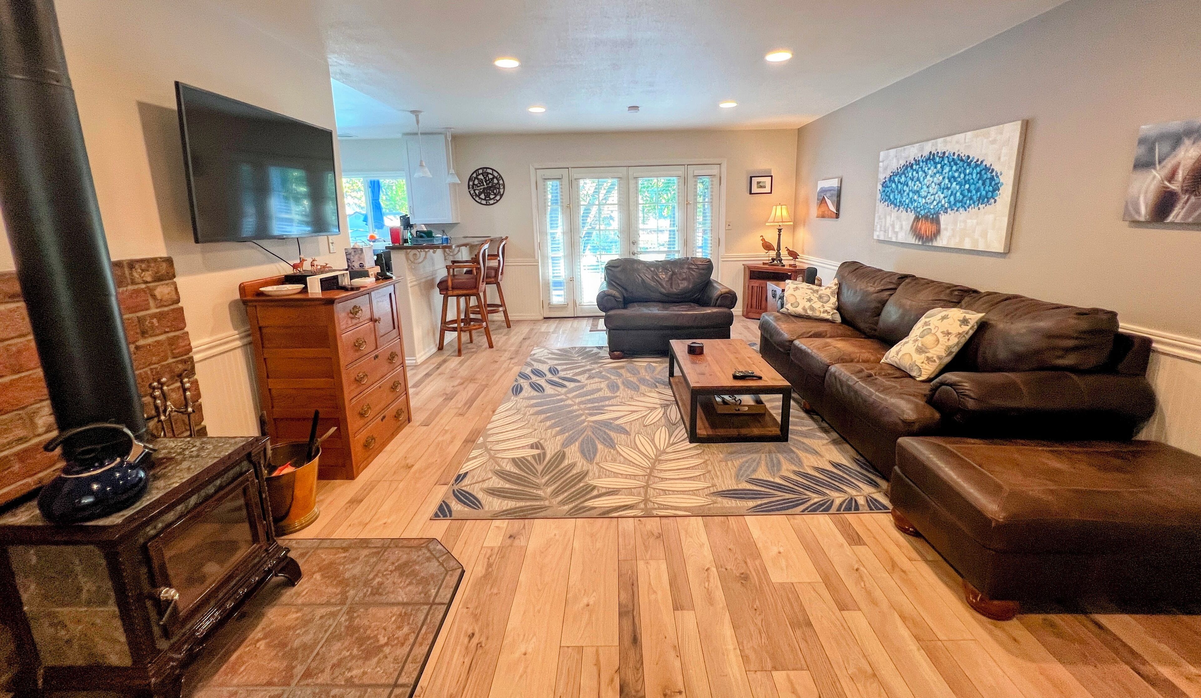 Smart TV, lareira, DVD player, livros