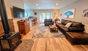 Smart TV, fireplace, DVD player, books